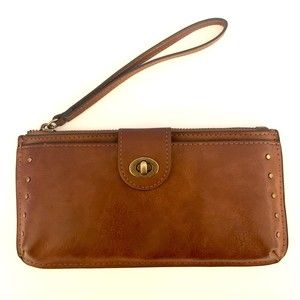 Maurice's Cognac Studded Wristlet Phone Wallet Turn Key Brass & Faux Leather